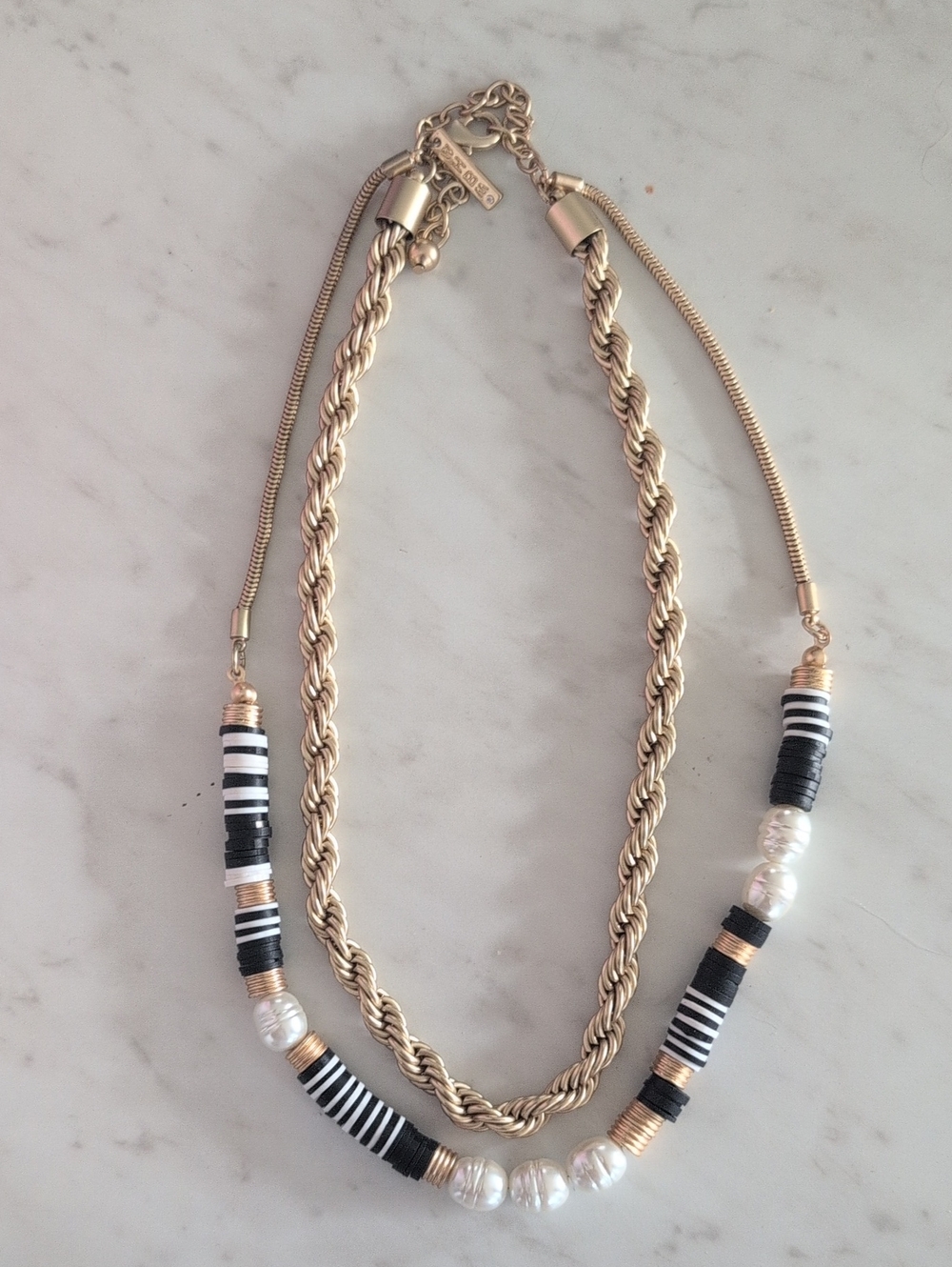 Gold-Tone Layered Necklace with Black & White Accents